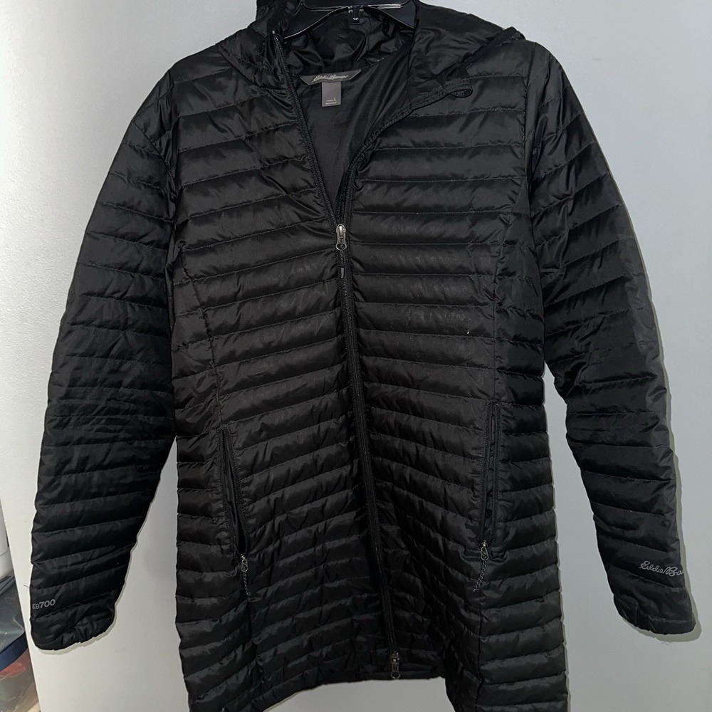 EDDIE BAUER 700 Down Hooded Parka Jacket Black Womens Large L MicroTherm